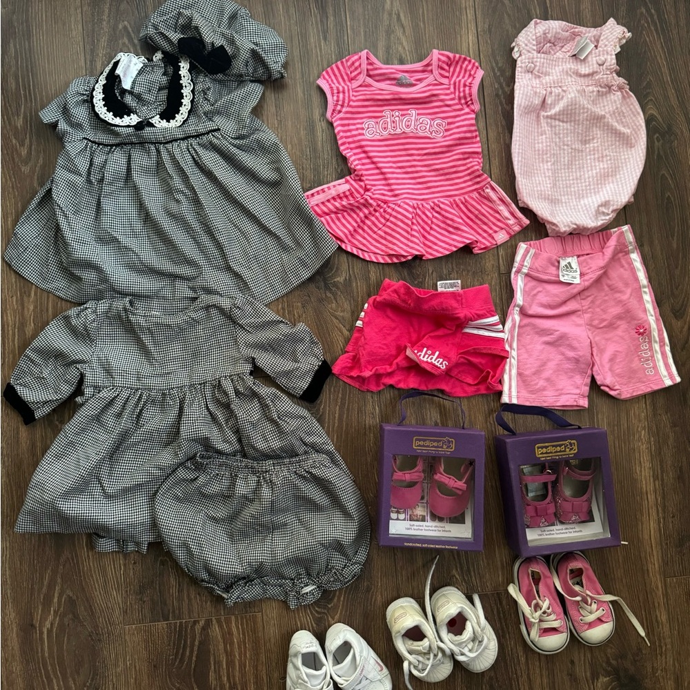 Assorted baby girl clothes and shoes, 3-9 mos